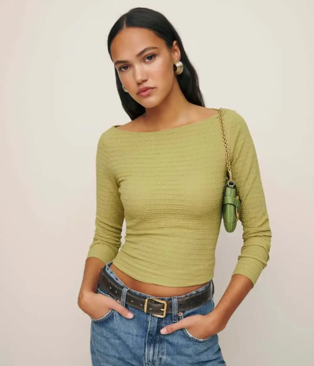 Reformation Wiley Knit Top in Lentil Green Textured Size XS Boatneck